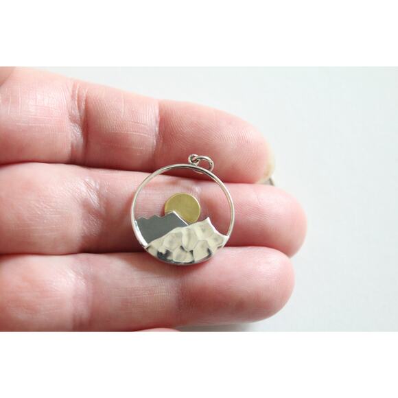 Large Sterling Silver Mountain Sunset Pendant with Bronze Sun - Picture 2 of 3